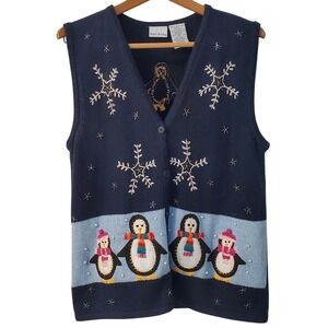 Bobbie Brooks Sweater Vest Navy Penguin Beaded Snowflake Size M Cottagecore